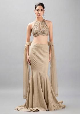 Beige Embroidered Net Fusion Set
