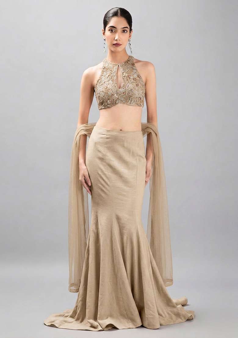 Beige Embroidered Net Fusion Set - Indya