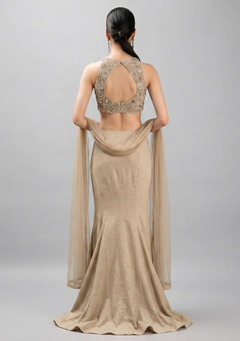 Beige Embroidered Net Fusion Set - Indya