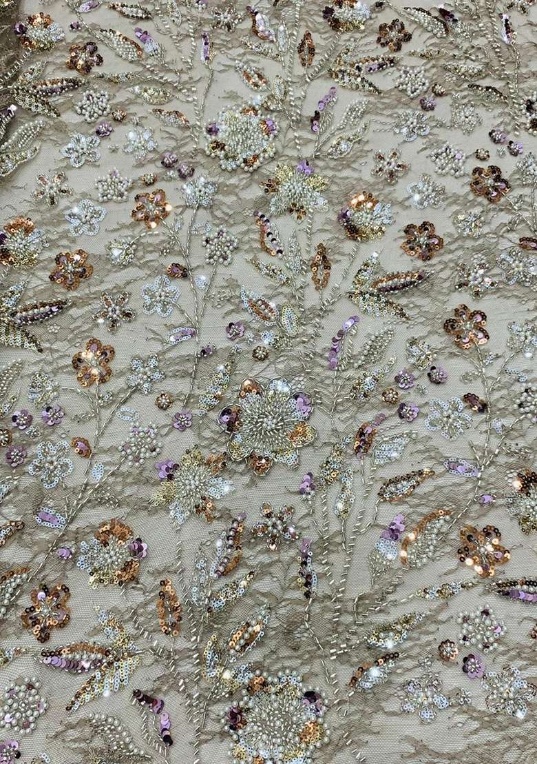 Beige Embroidered Net Fusion Set - Indya