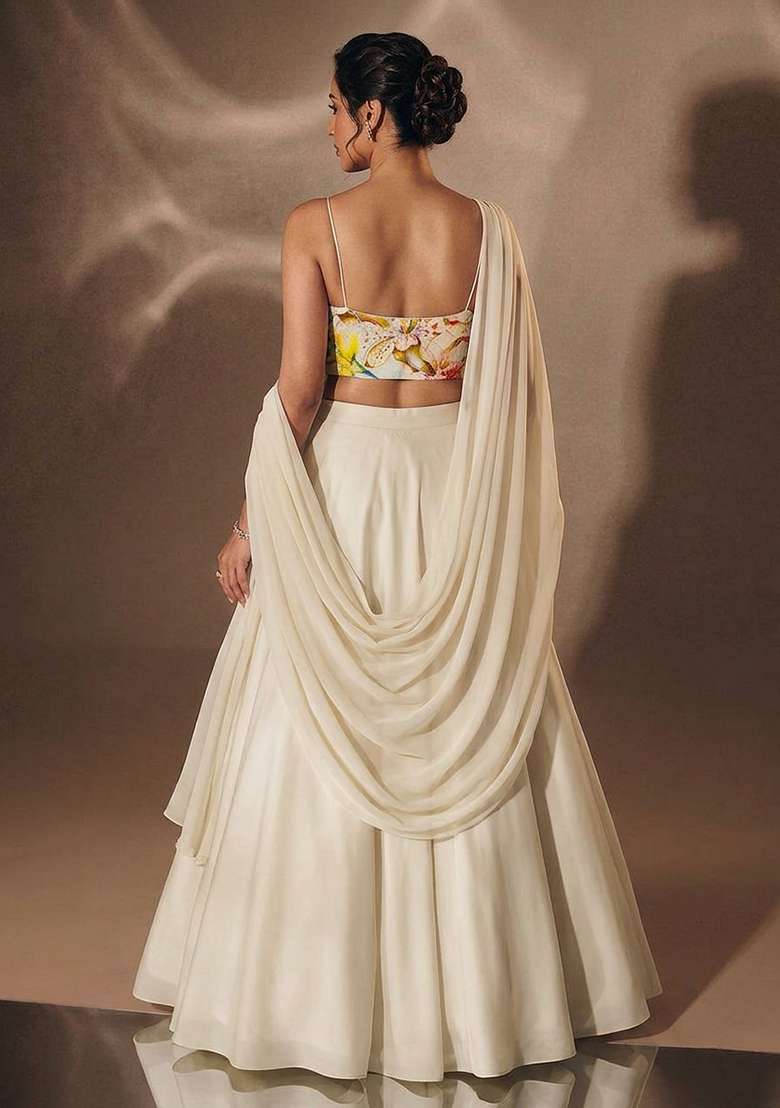 White Printed Organza Lehenga Set - Indya