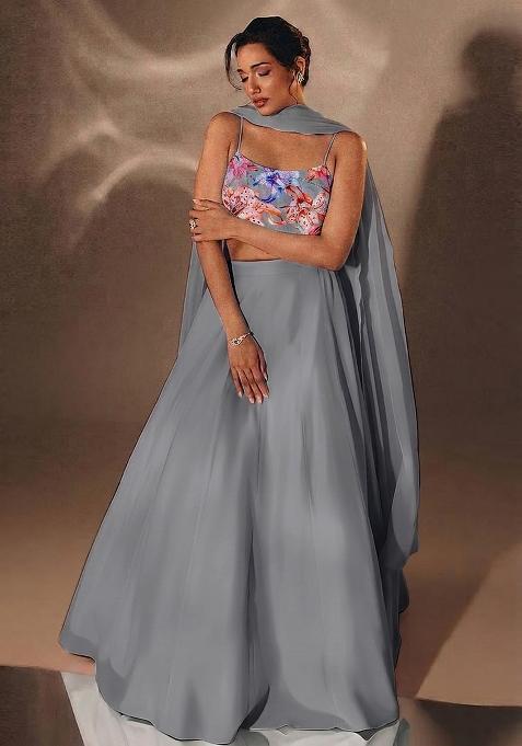 Off White Printed Organza Lehenga Set