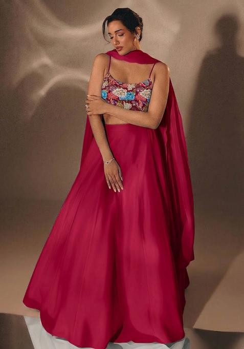 Rani Pink Printed Crepe Lehenga Set