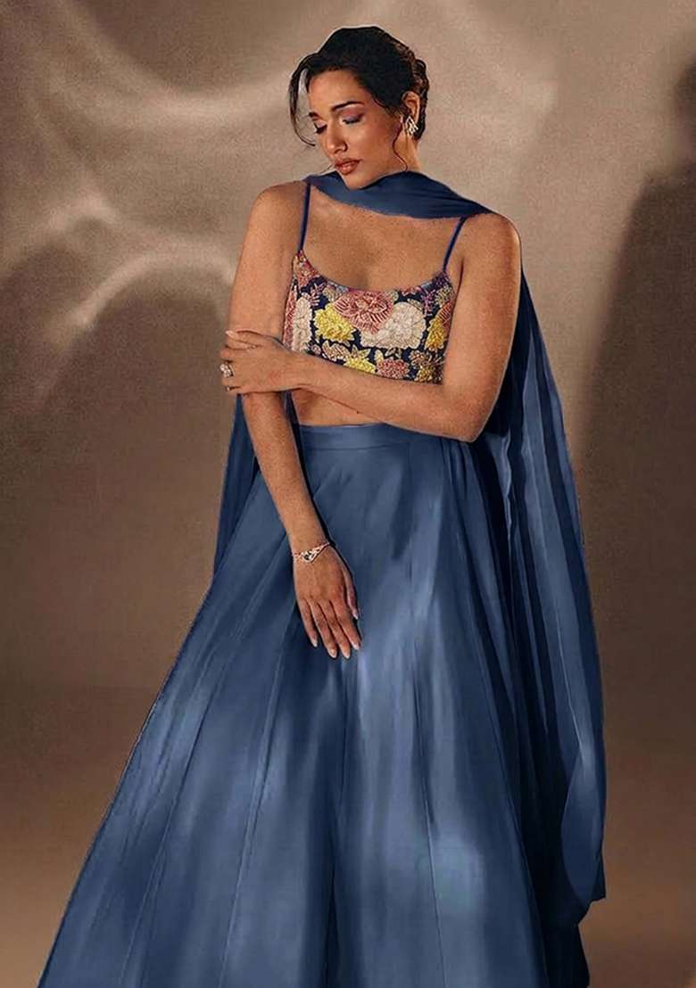 Dark Blue Printed Crepe Lehenga Set - Indya