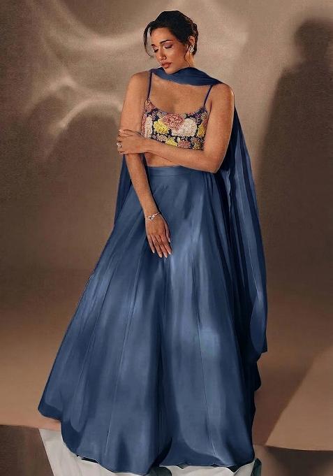 Dark Blue Printed Crepe Lehenga Set