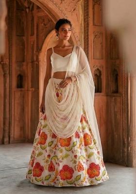 White Printed Organza Lehenga Set