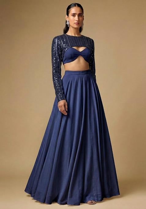 Dark Blue Sequin Net Lehenga Set