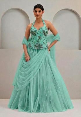 Sea Green Printed Organza Lehenga Set