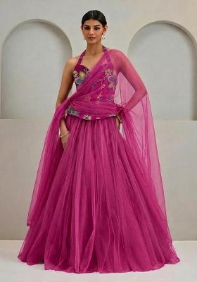 Magenta Printed Organza Lehenga Set