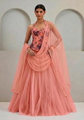 Peach Printed Organza Lehenga Set