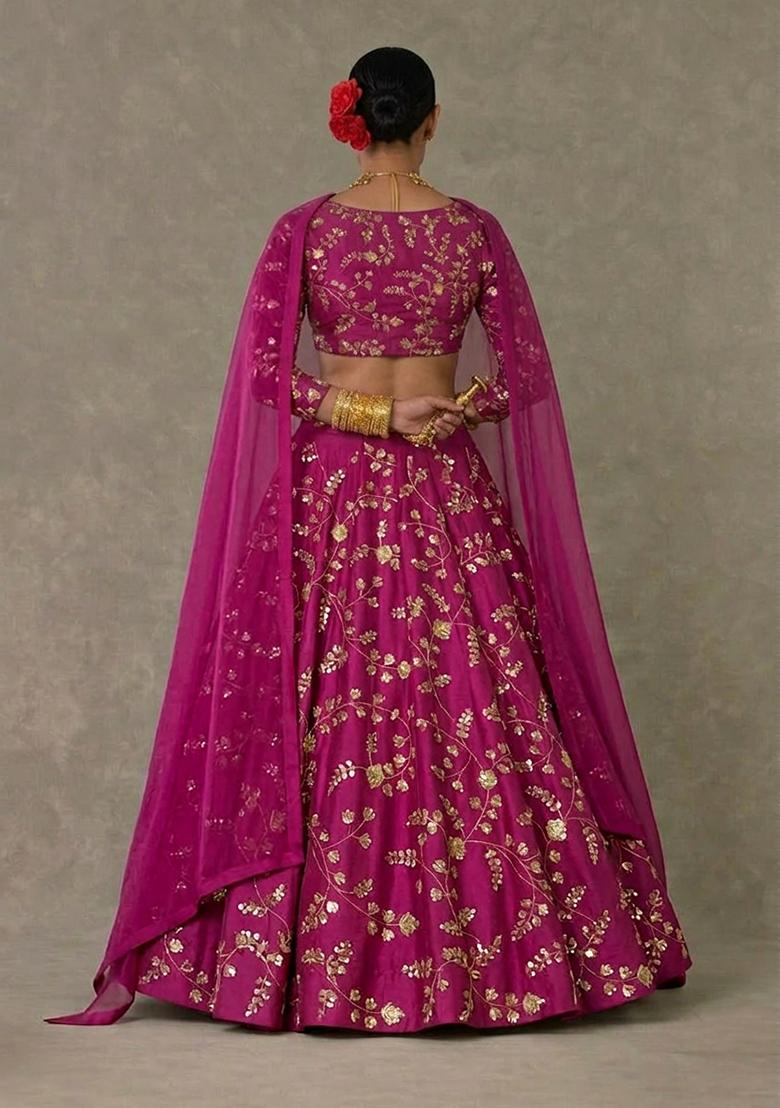 Rani Pink Embroidered Crepe Lehenga Set - Indya