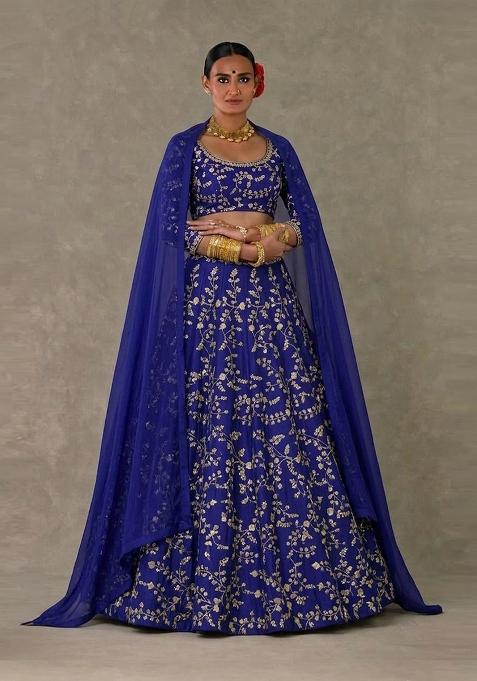 Royal Blue Embroidered Crepe Lehenga Set