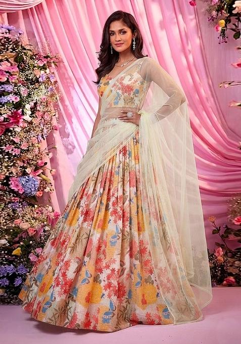 Multicolor Printed Chanderi Lehenga Set