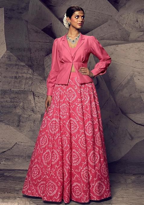 Pink Printed Chanderi Lehenga Set