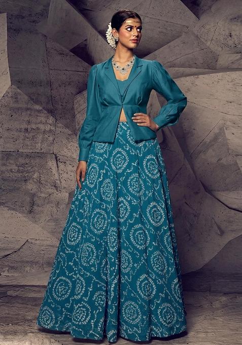 Teal Blue Printed Chanderi Lehenga Set