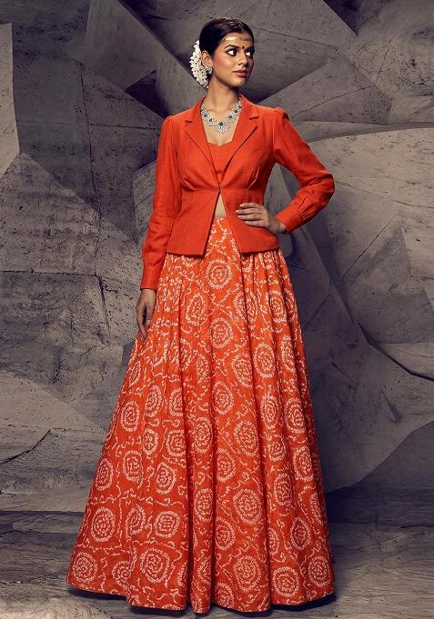 Orange Printed Chanderi Lehenga Set