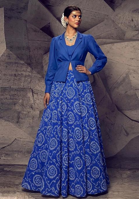 Royal Blue Printed Chanderi Lehenga Set