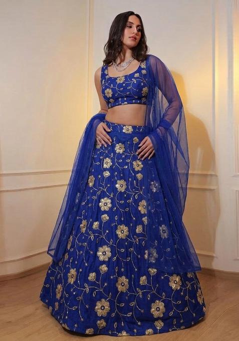 Royal Blue Embroidered Tissue Lehenga Set