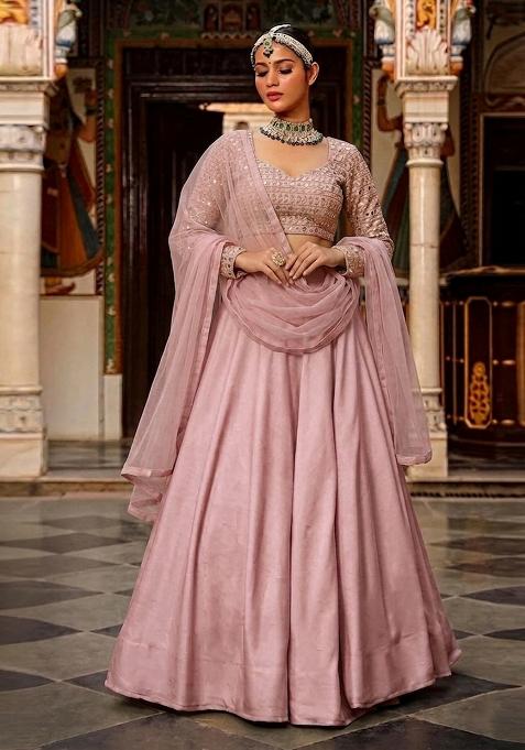Pink Mirror Work Georgette Lehenga Set