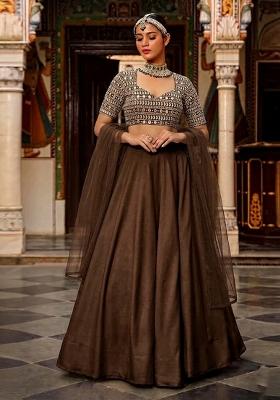 Dark Brown Mirror Work Georgette Lehenga Set