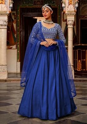 Royal Blue Mirror Work Georgette Lehenga Set