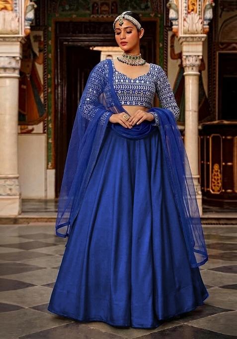 Royal Blue Mirror Work Georgette Lehenga Set