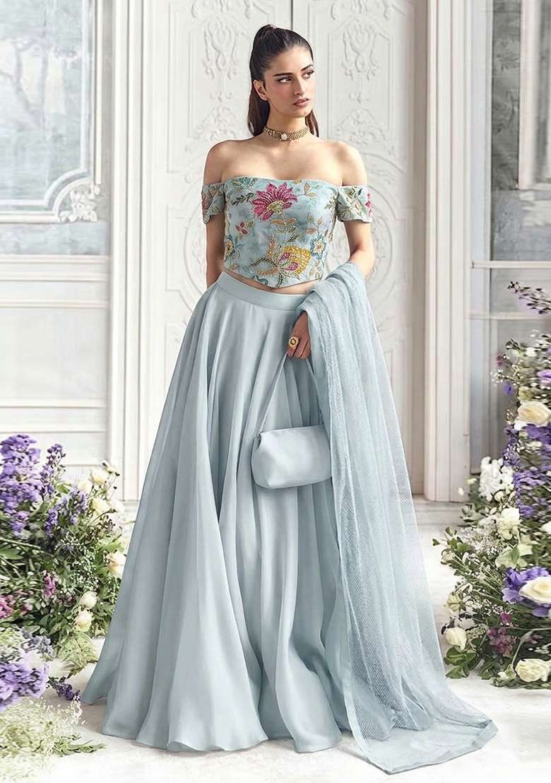 Powder Blue Embroidered Organza Lehenga Set - Indya