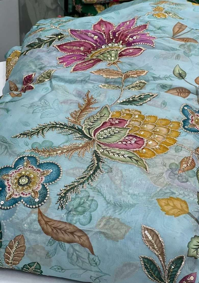Powder Blue Embroidered Organza Lehenga Set - Indya