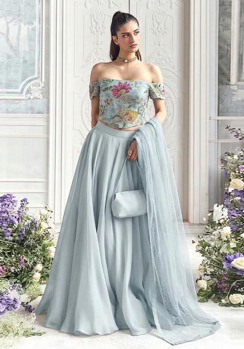 Powder Blue Embroidered Organza Lehenga Set