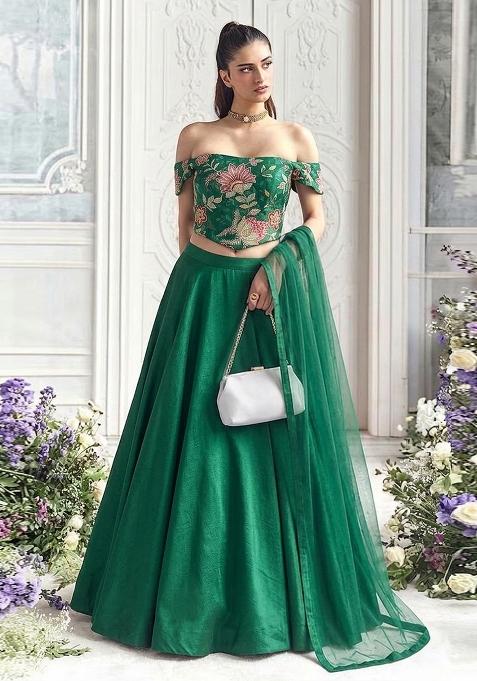 Dark Green Embroidered Organza Lehenga Set