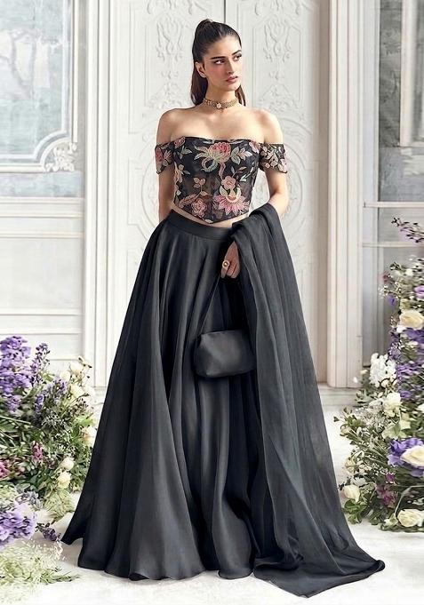 Black Embroidered Organza Lehenga Set