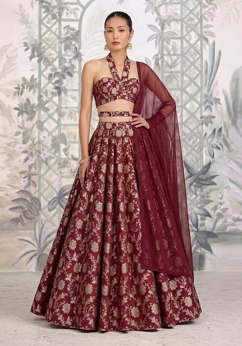 Maroon Brocade Lehenga Set