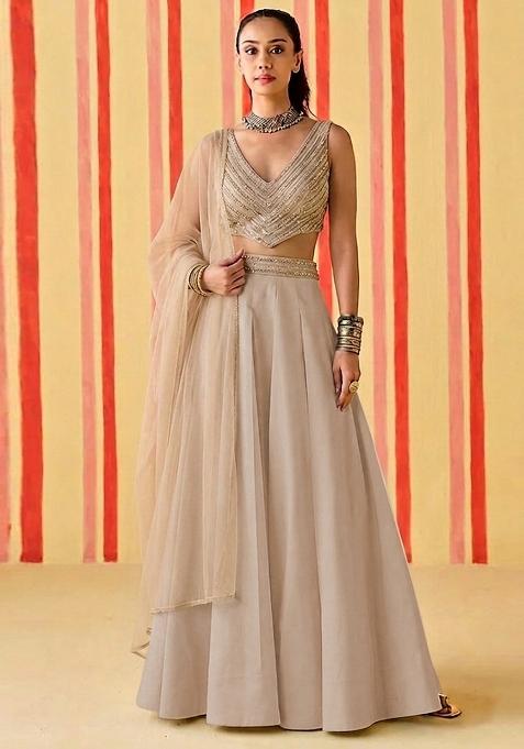 Nude Sequin Silk Lehenga Set