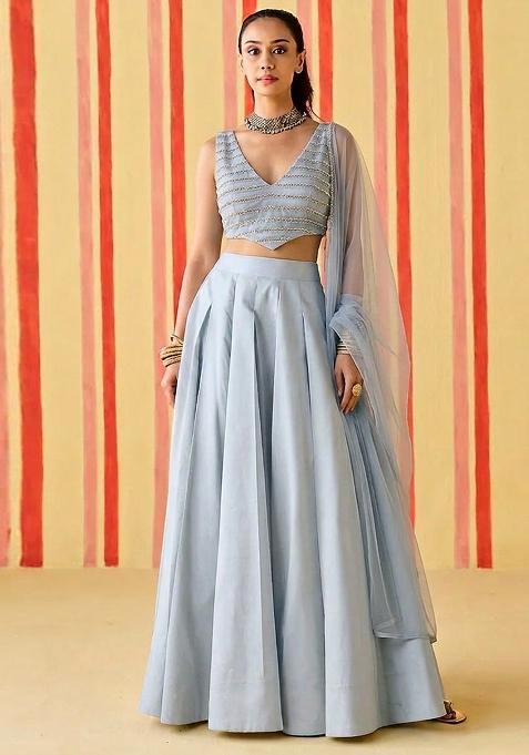 Powder Blue Sequin Silk Lehenga Set