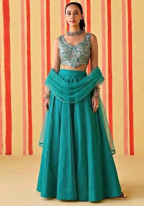 Teal Green Brocade Lehenga Set