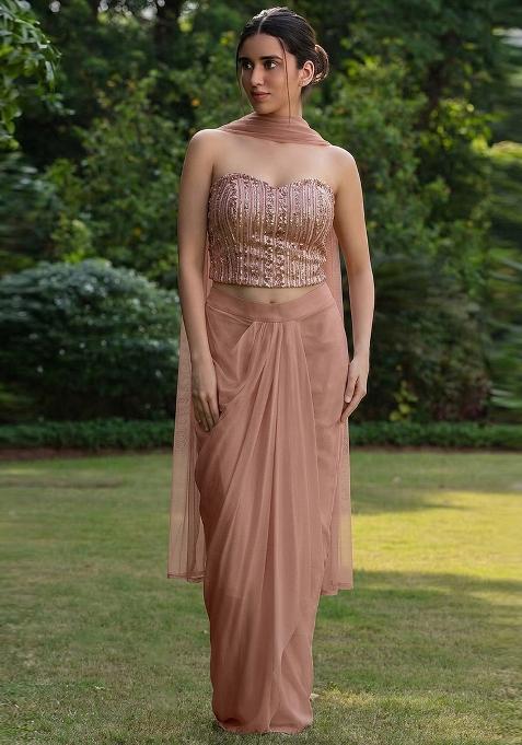 Light Brown Embroidered Net Fusion Set