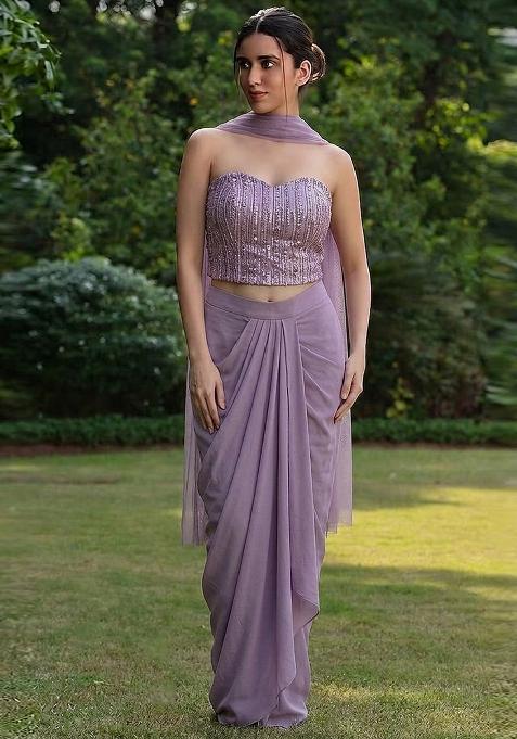 Lavender Embroidered Net Fusion Set