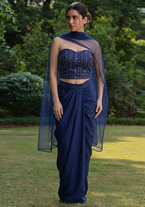 Navy Blue Embroidered Net Fusion Set