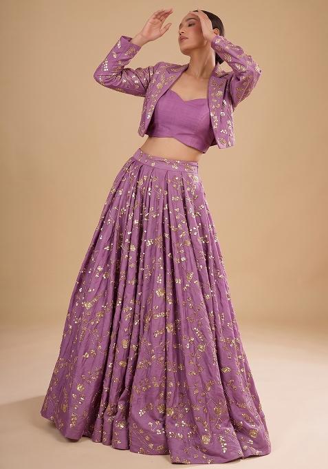 Mauve Embroidered Crepe Lehenga Set
