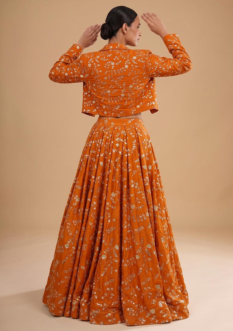 Rust Orange Embroidered Crepe Lehenga Set - Indya