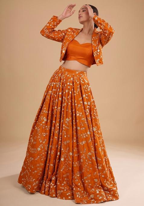 Rust Orange Embroidered Crepe Lehenga Set
