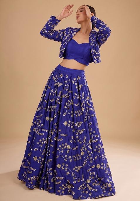 Royal Blue Embroidered Crepe Lehenga Set