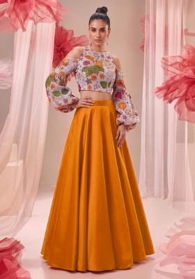 Mustard Embroidered Organza Lehenga Set