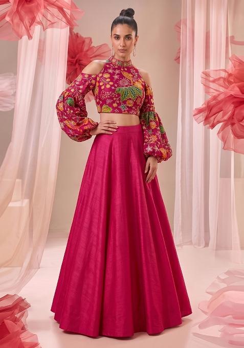 Magenta Embroidered Organza Lehenga Set