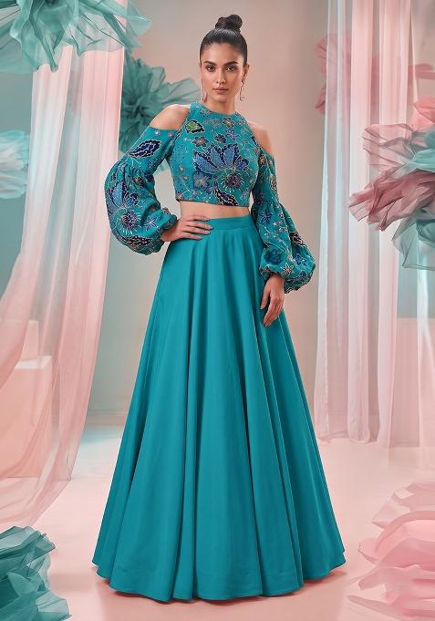 Teal Blue Embroidered Organza Lehenga Set
