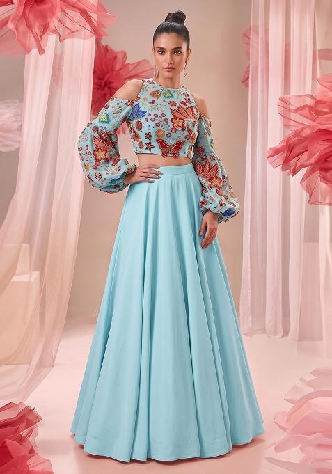 Sky Blue Embroidered Organza Lehenga Set