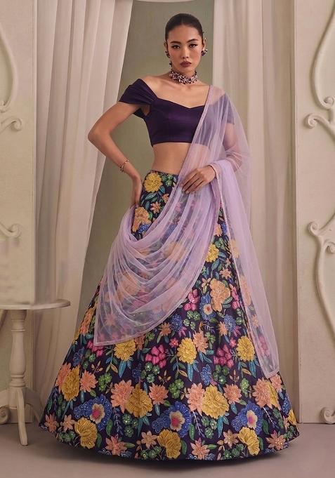 Deep Purple Printed Silk Lehenga Set