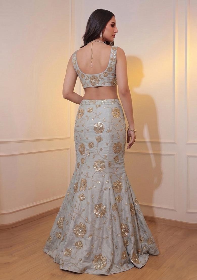 Pastel Grey Embroidered Lehenga Set - Indya