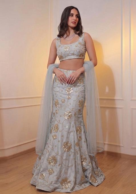 Pastel Grey Embroidered Lehenga Set