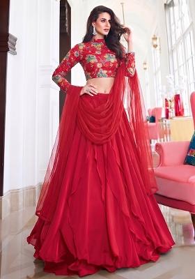 Deep Red Printed Organza Lehenga Set